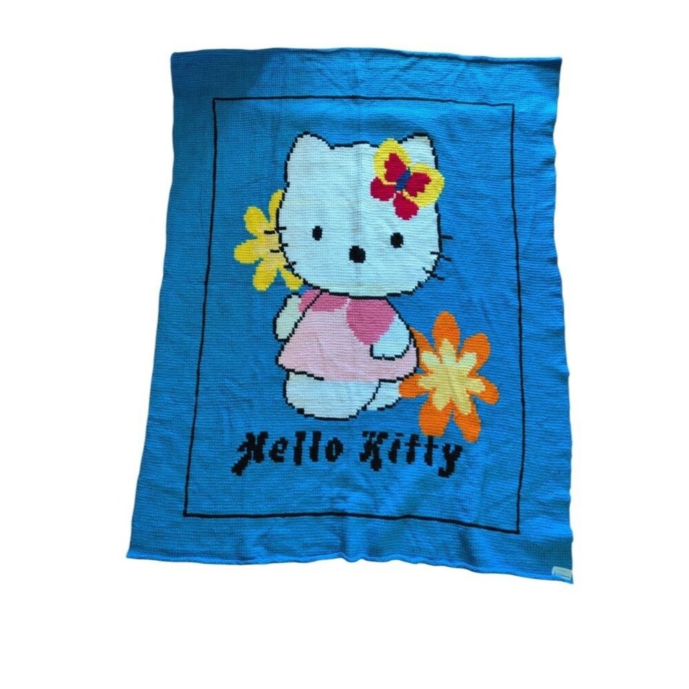 Hello Kitty Handmade Crochet Afghan Blanket Blue Floral 47x57 Hawaii